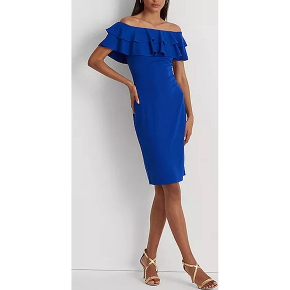 NWT Lauren Ralph Lauren Women's Jersey Off-the-Shoulder Cocktail Dress Blue Sz 2 - Picture 6 of 9